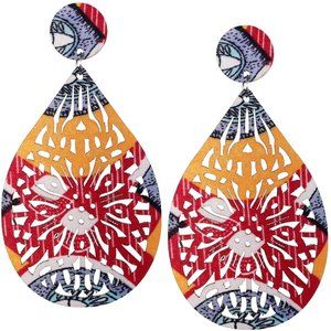 Red Yellow Evil Eye Wooden Earrings